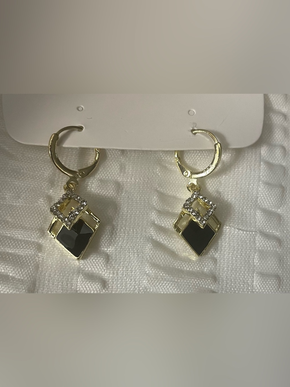Gold-Tone Black Stone Drop Earrings with Crystal Accents